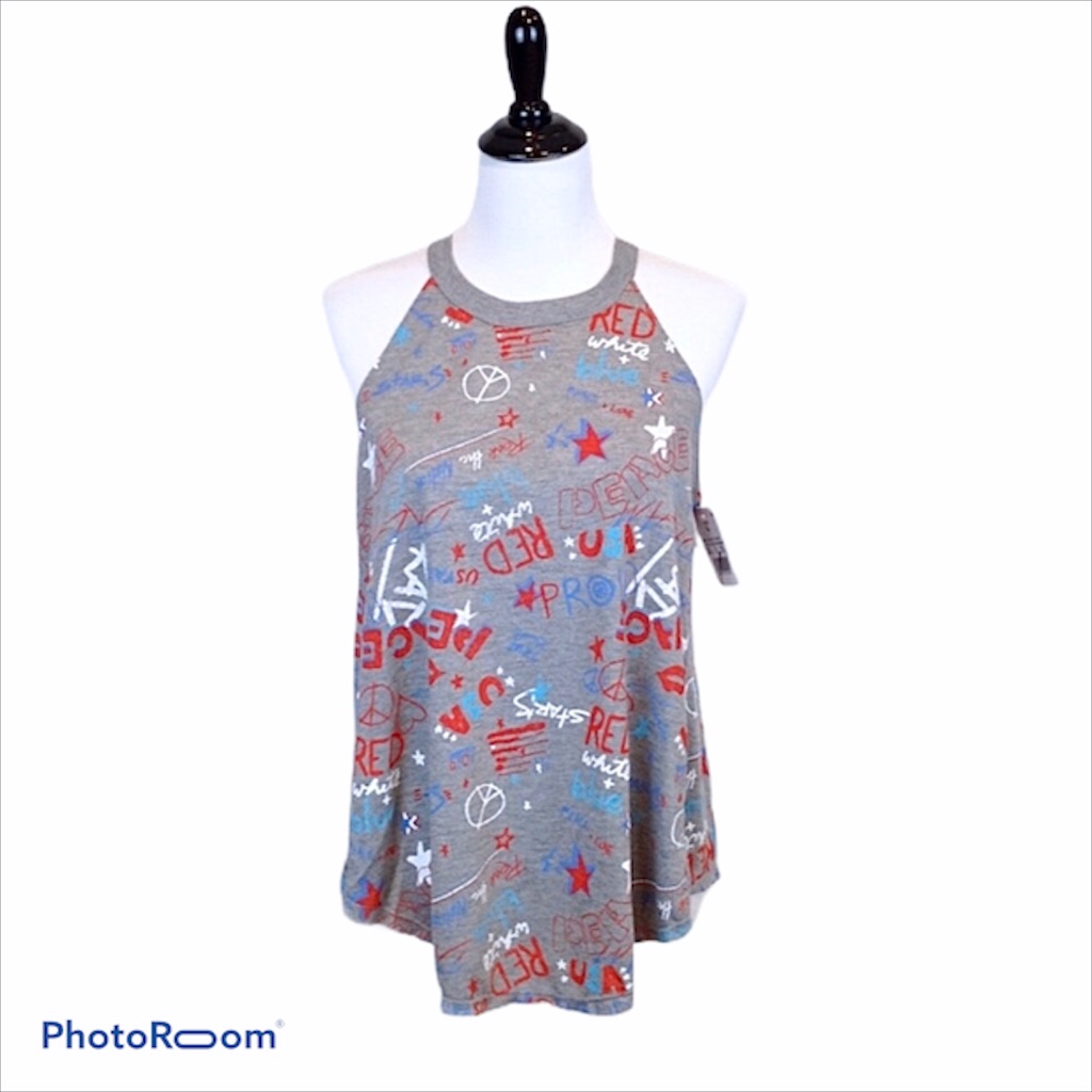 Modern Lux Gray With Patriotic Graffiti Print Loose Fit Tank Top